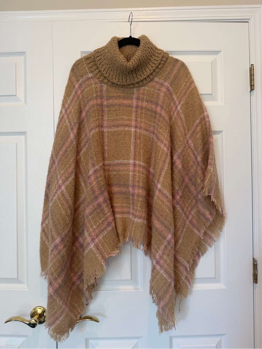 Kate & Mallory Plaid Turtleneck Poncho Sweater Fringe Asymmetric One Size